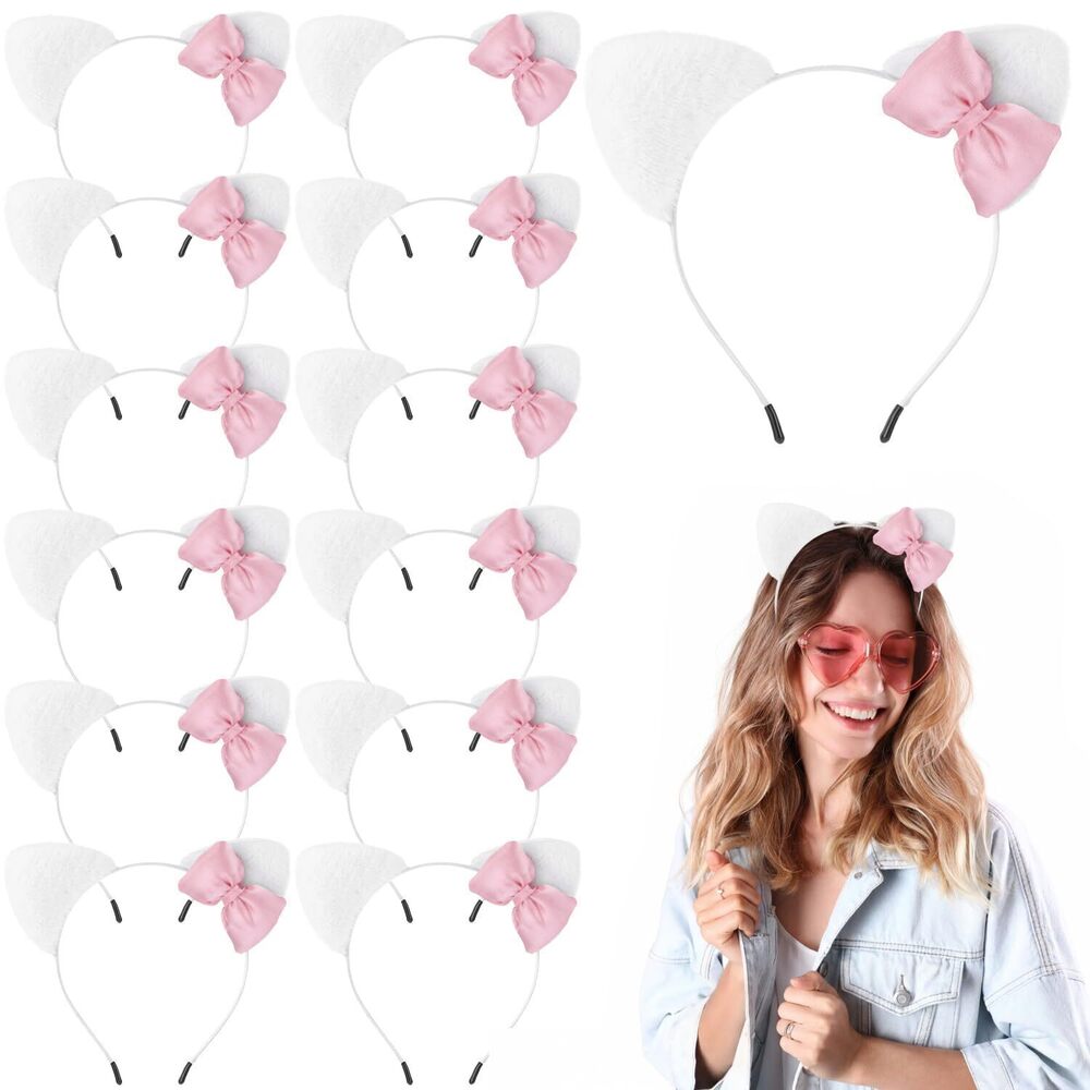 1859 12 Pcs Kitten Cat Ears Headbands Pink Bow Kitty Birthday Decoration